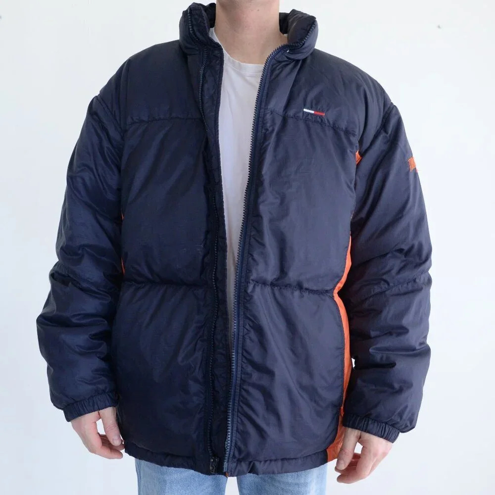 Vintage 90S Tommy Hilfiger Navy And Orange Waiter Puffer Jacket Size XL